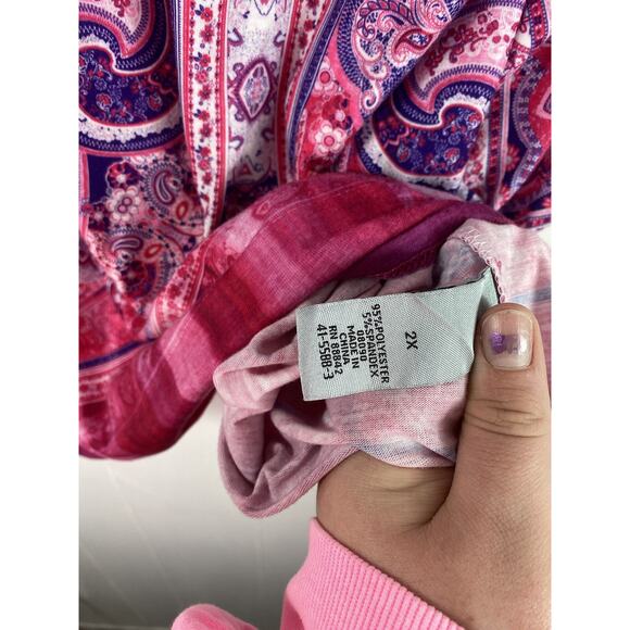 Catherine’s Pink Blouse Geometric Print Gem Fairy Spring Summer Popover 2X - Picture 4 of 8
